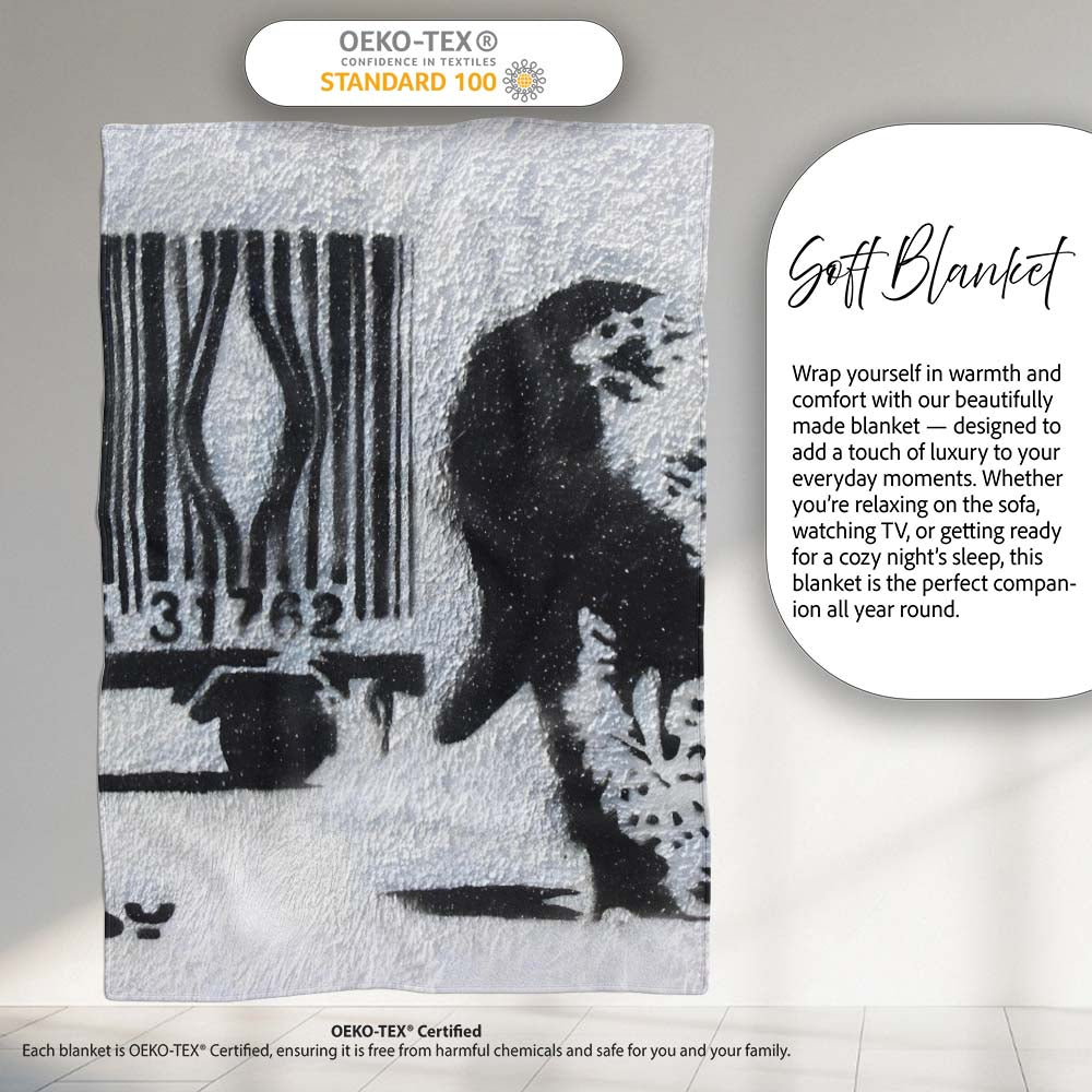 Black Rat with Barcode Monochrome Graffiti Stencil, All Season Comfort, Stylish Room Decoration - Super Soft Fleece Blanket Bed Sofa Throw