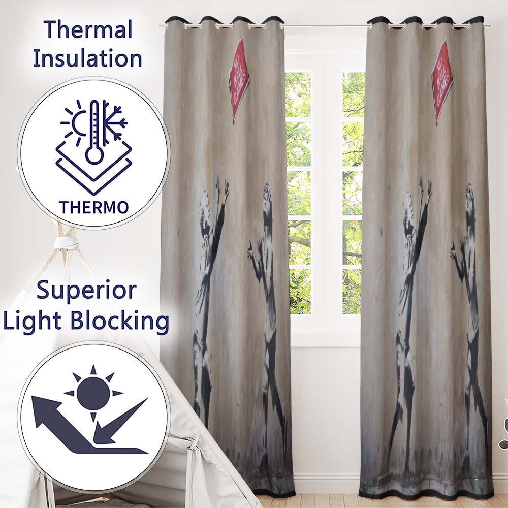 Children Reaching for Red Sign Satirical Street Art Vibrant Design for Home Decor Readymade Eyelet Ring Top Thermal 100% Blackout Curtains
