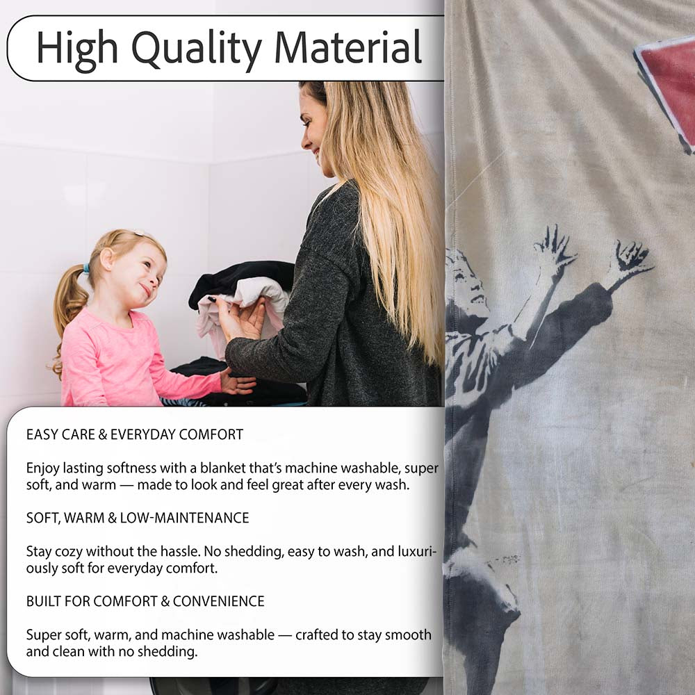 Children Reaching for Red Sign Satirical Street Art, All Season Comfort, Modern Interior Accent - Super Soft Fleece Blanket Bed Sofa Throw