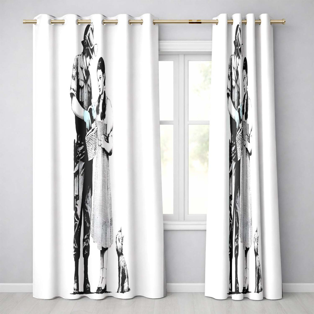 Officer Inspecting Storybook Woman and Small Dog Stencil Bold Wall Art Home Decor Readymade Eyelet Ring Top Thermal 100% Blackout Curtains