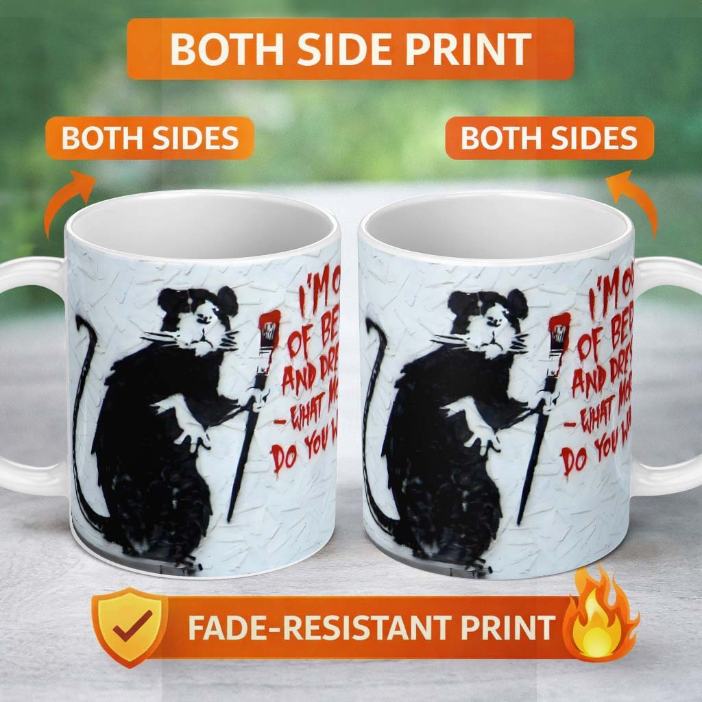Black Rat with Red Paint Brush Humorous Graffiti 11oz Ceramic Coffee Tea Mug White Large Handle