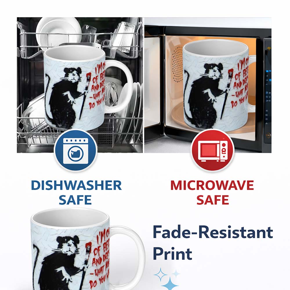 Black Rat with Red Paint Brush Humorous Graffiti 11oz Ceramic Coffee Tea Mug White Large Handle