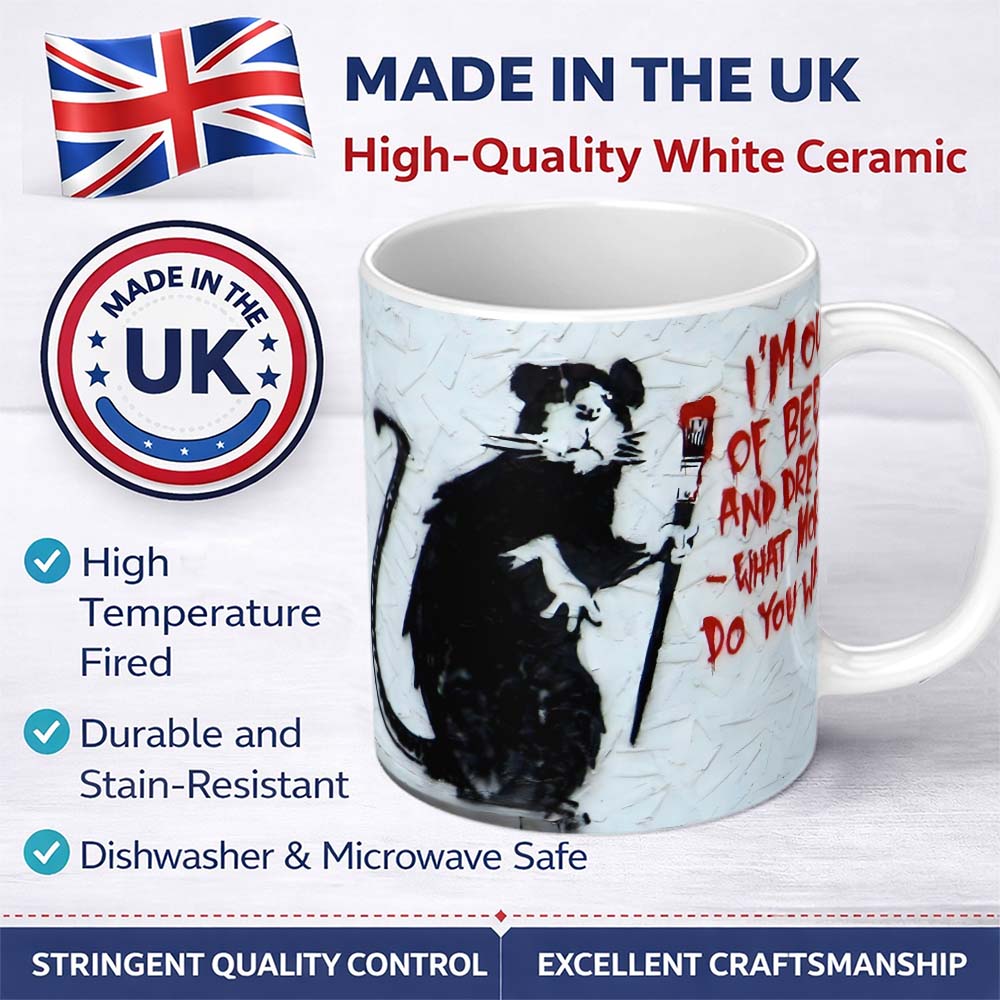Black Rat with Red Paint Brush Humorous Graffiti 11oz Ceramic Coffee Tea Mug White Large Handle