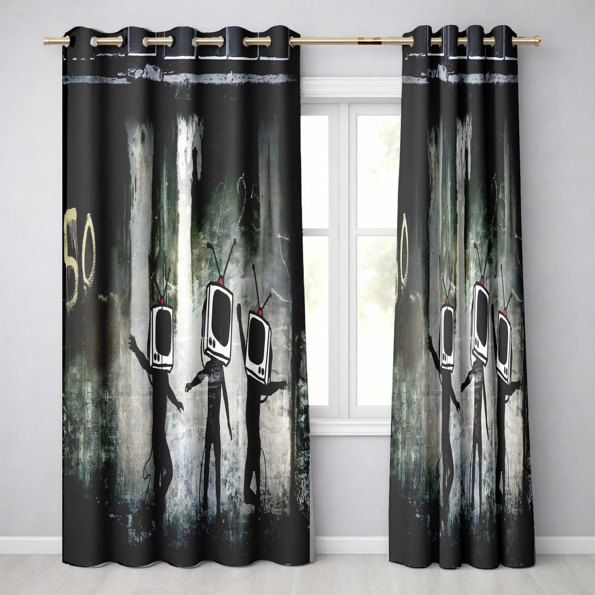 Television Head Figures Dancing Dark Urban Graffiti Stylish Design for Home Decor Readymade Eyelet Ring Top Thermal 100% Blackout Curtains