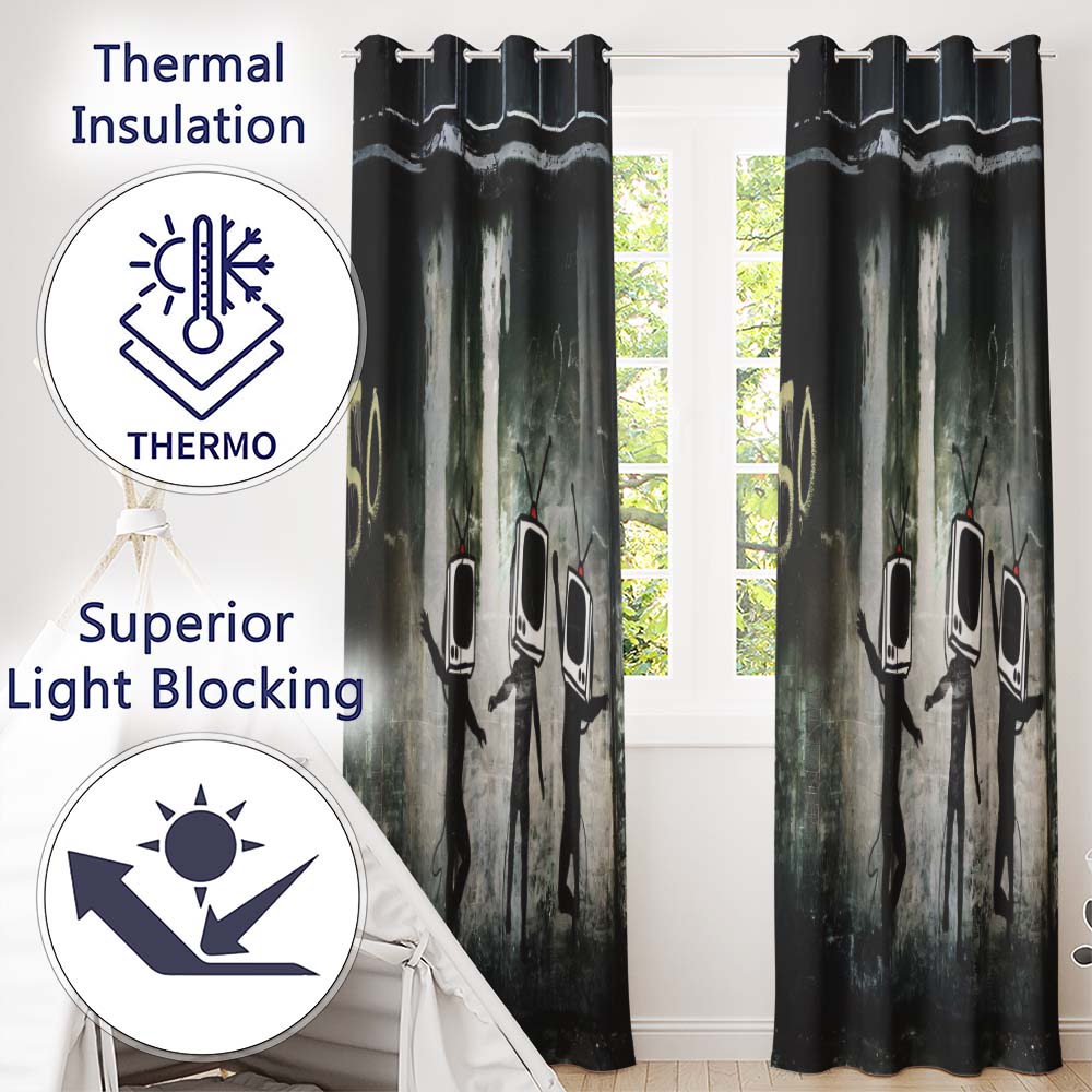 Television Head Figures Dancing Dark Urban Graffiti Stylish Design for Home Decor Readymade Eyelet Ring Top Thermal 100% Blackout Curtains