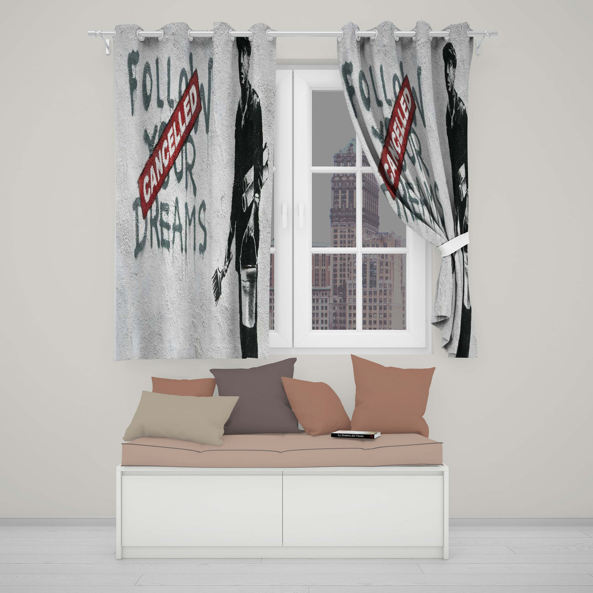 Cancelled Dreams Painter Monochrome Protest Stencil Stylish Design for Home Decor Readymade Eyelet Ring Top Thermal 100% Blackout Curtains