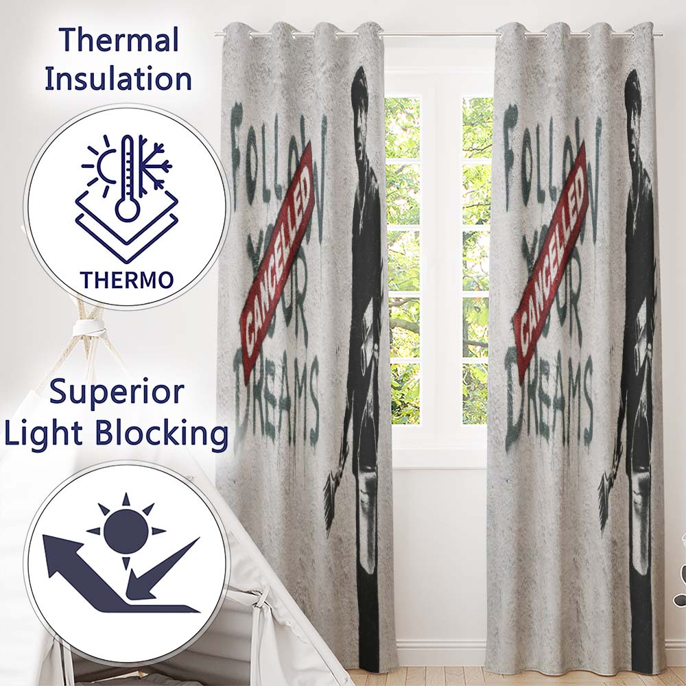 Cancelled Dreams Painter Monochrome Protest Stencil Stylish Design for Home Decor Readymade Eyelet Ring Top Thermal 100% Blackout Curtains