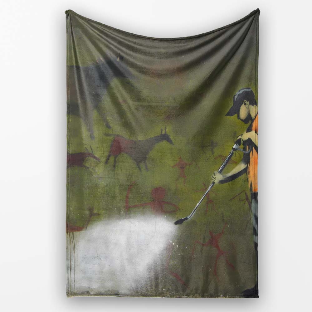 Worker Cleaning Ancient Cave Art Green Urban Mural, All Season Comfort, Stylish Room Decoration - Super Soft Fleece Blanket Bed Sofa Throw