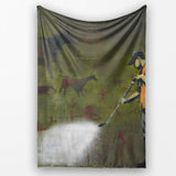 Worker Cleaning Ancient Cave Art Green Urban Mural, All Season Comfort, Stylish Room Decoration - Super Soft Fleece Blanket Bed Sofa Throw