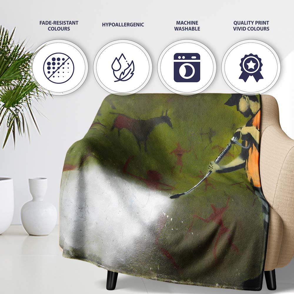 Worker Cleaning Ancient Cave Art Green Urban Mural, All Season Comfort, Stylish Room Decoration - Super Soft Fleece Blanket Bed Sofa Throw