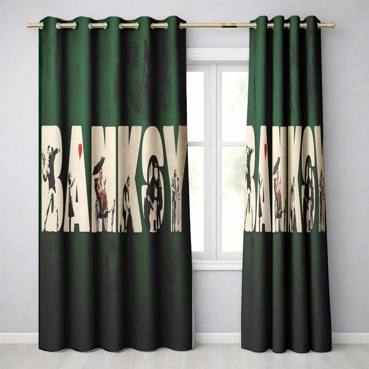 Dark Green Street Art Typography Collage Stencil Contemporary Wall Art Home Decor Readymade Eyelet Ring Top Thermal 100% Blackout Curtains