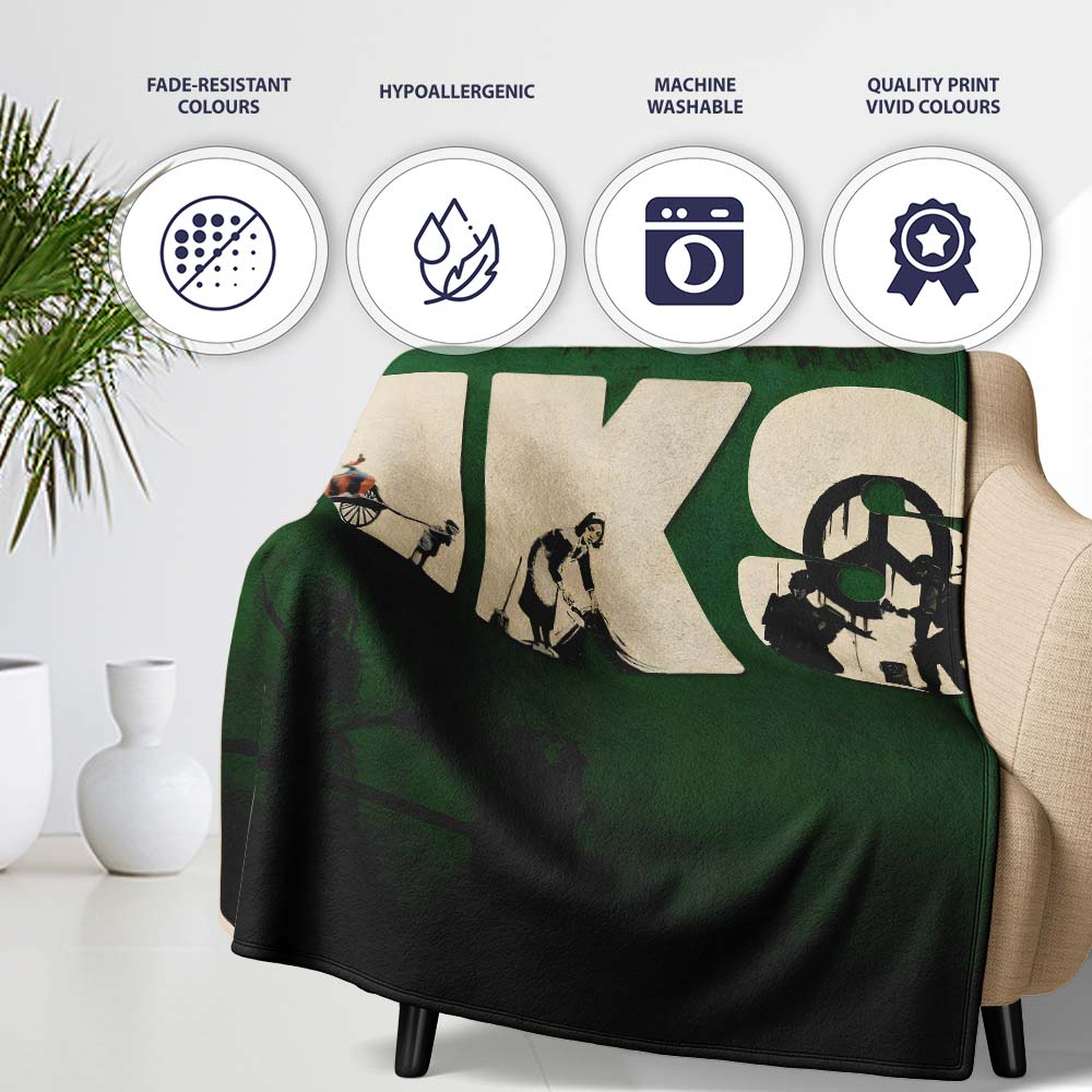 Dark Green Street Art Typography Collage Stencil, All Season Comfort, Gift for Adults and Teens - Super Soft Fleece Blanket Bed Sofa Throw