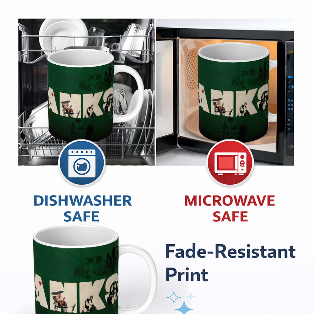 Dark Green Street Art Typography Collage Stencil 11oz Ceramic Coffee Tea Mug White Large Handle