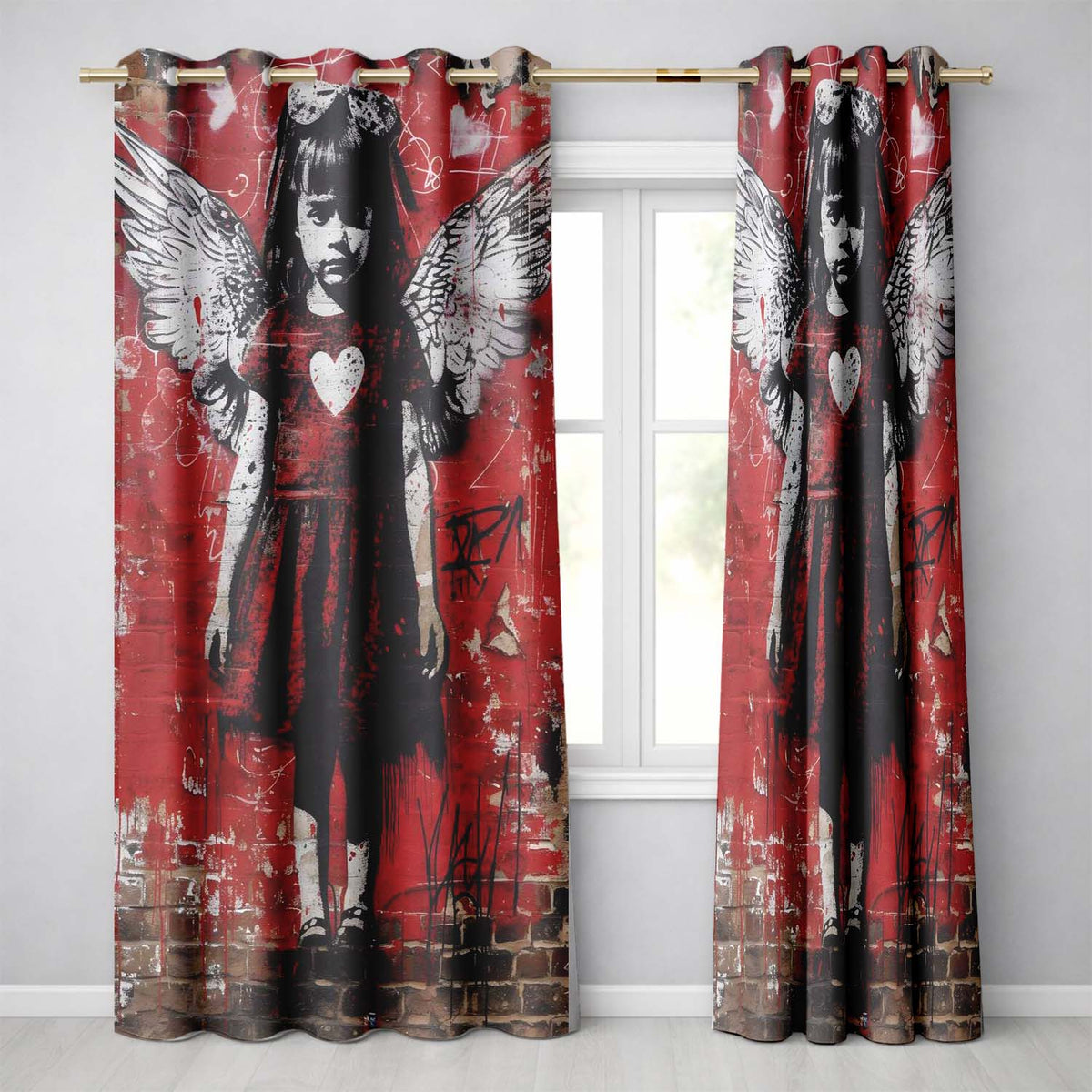 Red Winged Girl Heart Dress Urban Graffiti Timeless Modern Artwork for Home Decor Readymade Eyelet Ring Top Thermal 100% Blackout Curtains