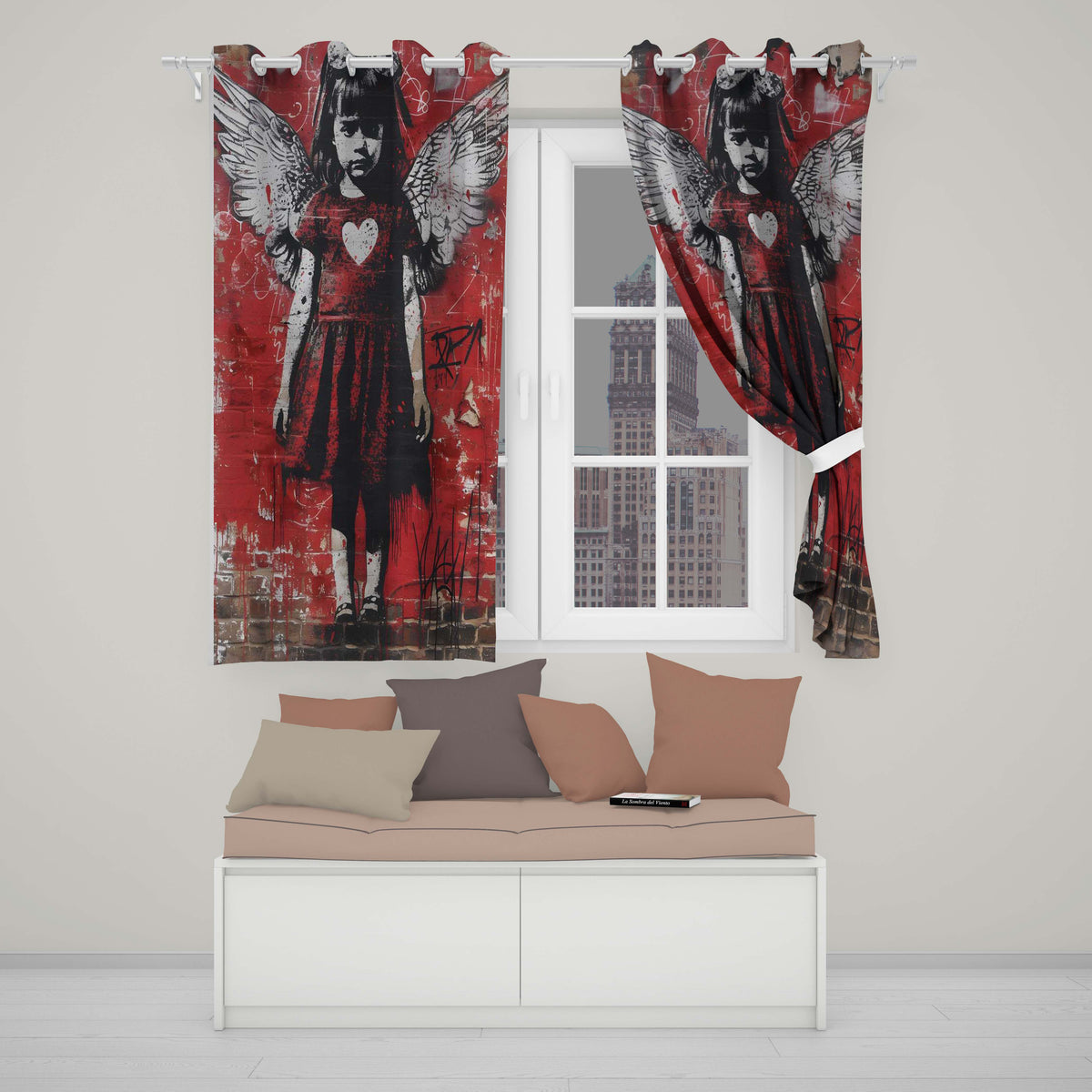 Red Winged Girl Heart Dress Urban Graffiti Timeless Modern Artwork for Home Decor Readymade Eyelet Ring Top Thermal 100% Blackout Curtains