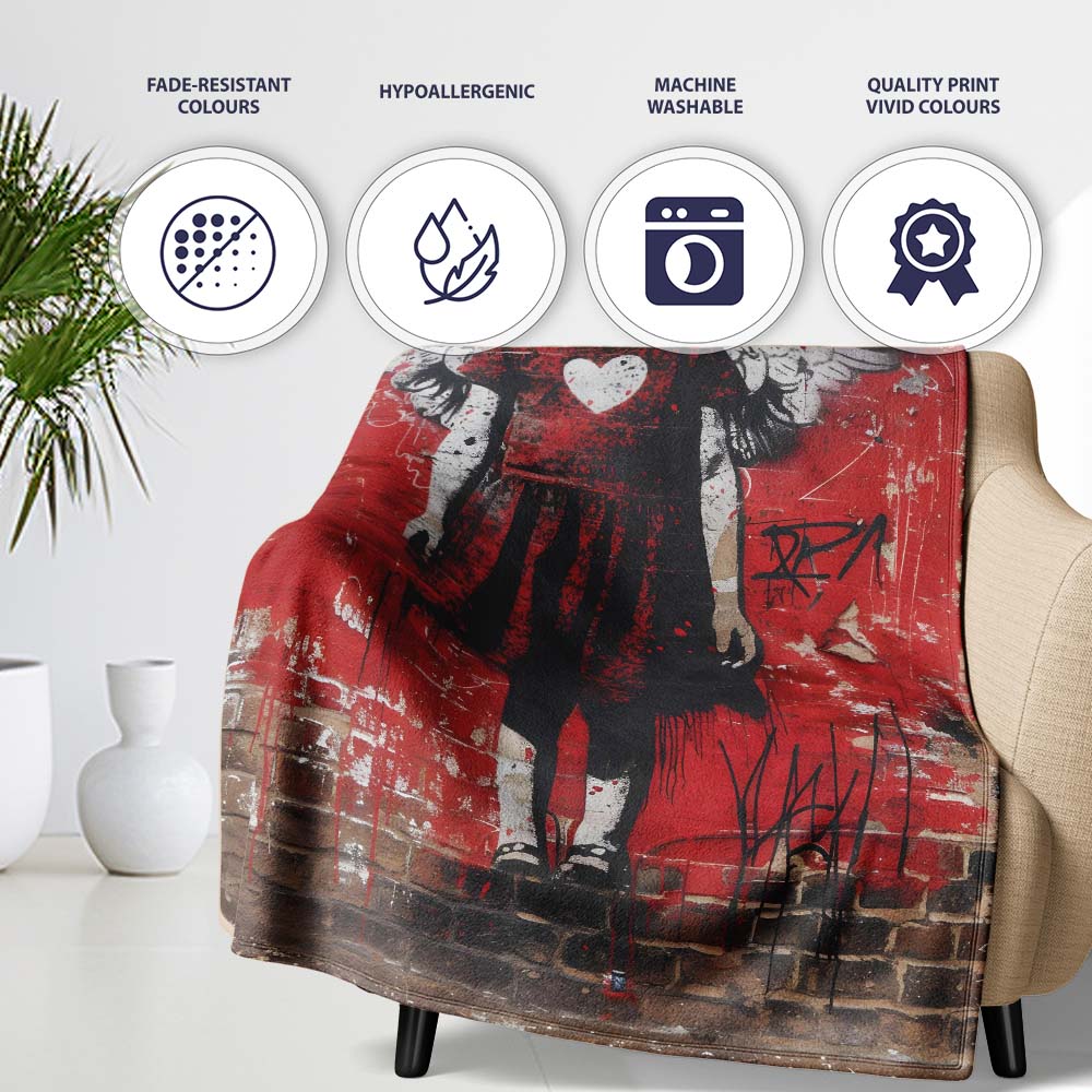 Red Winged Girl Heart Dress Urban Graffiti, Decorative Wall Art Style, Comfortable Everyday Use - Super Soft Fleece Blanket Bed Sofa Throw