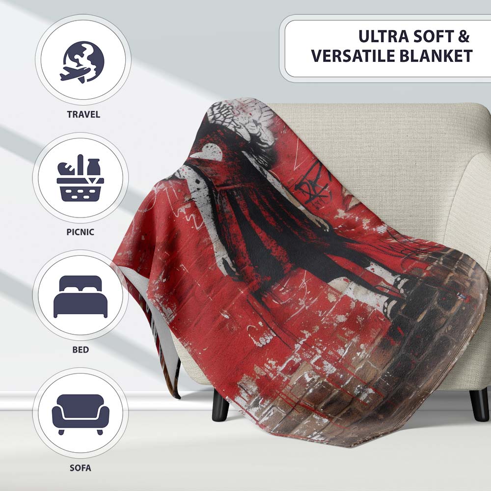 Red Winged Girl Heart Dress Urban Graffiti, Decorative Wall Art Style, Comfortable Everyday Use - Super Soft Fleece Blanket Bed Sofa Throw