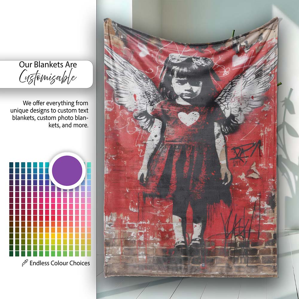 Red Winged Girl Heart Dress Urban Graffiti, Decorative Wall Art Style, Comfortable Everyday Use - Super Soft Fleece Blanket Bed Sofa Throw