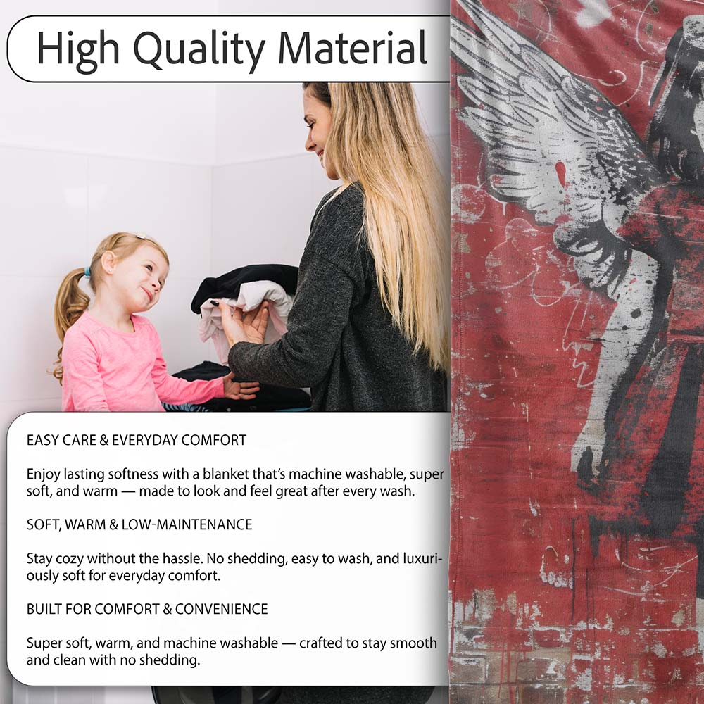 Red Winged Girl Heart Dress Urban Graffiti, Decorative Wall Art Style, Comfortable Everyday Use - Super Soft Fleece Blanket Bed Sofa Throw
