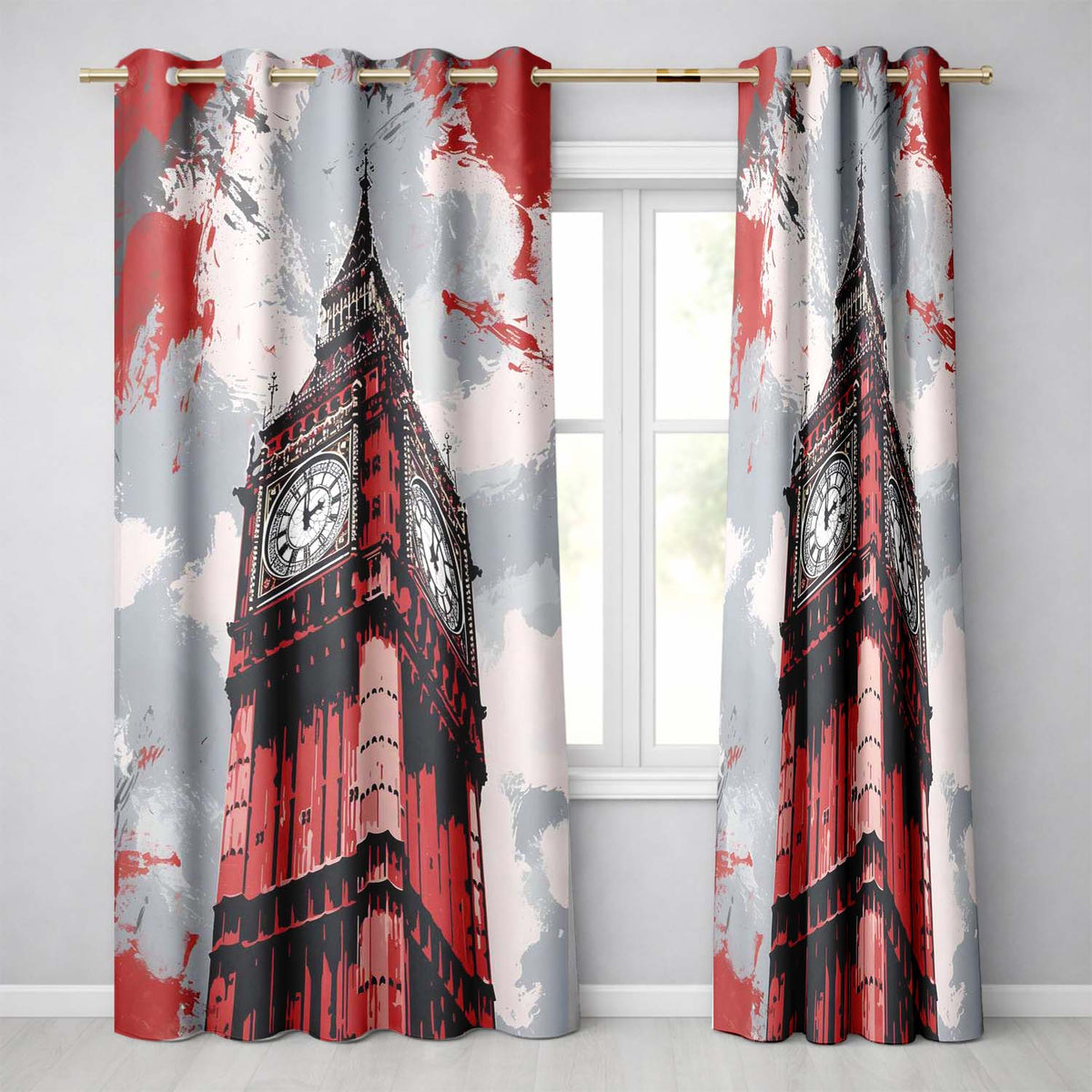 Red Black Clock Tower London Landmark Pop Art Elegant Bold Artwork for Home Decor Readymade Eyelet Ring Top Thermal 100% Blackout Curtains