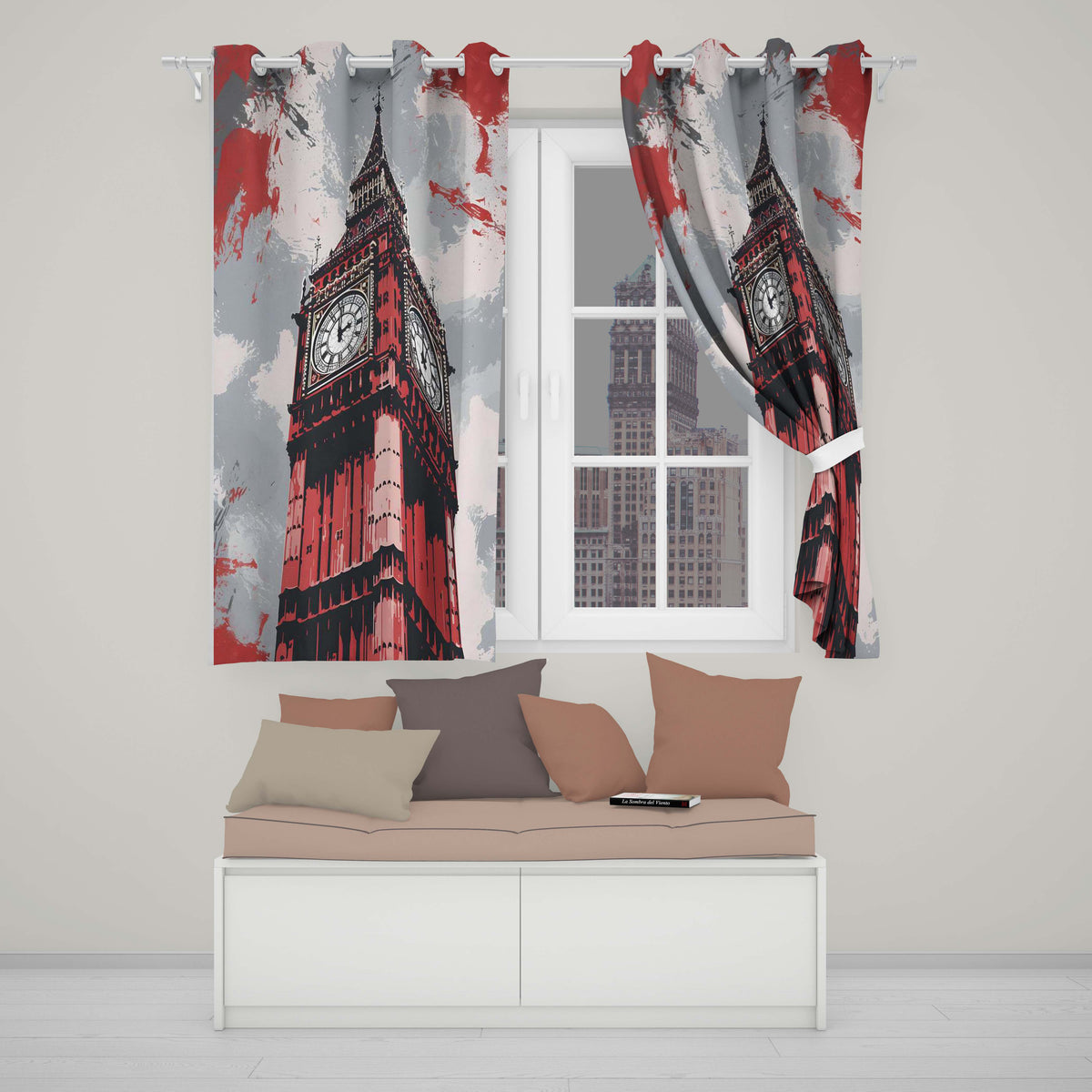 Red Black Clock Tower London Landmark Pop Art Elegant Bold Artwork for Home Decor Readymade Eyelet Ring Top Thermal 100% Blackout Curtains