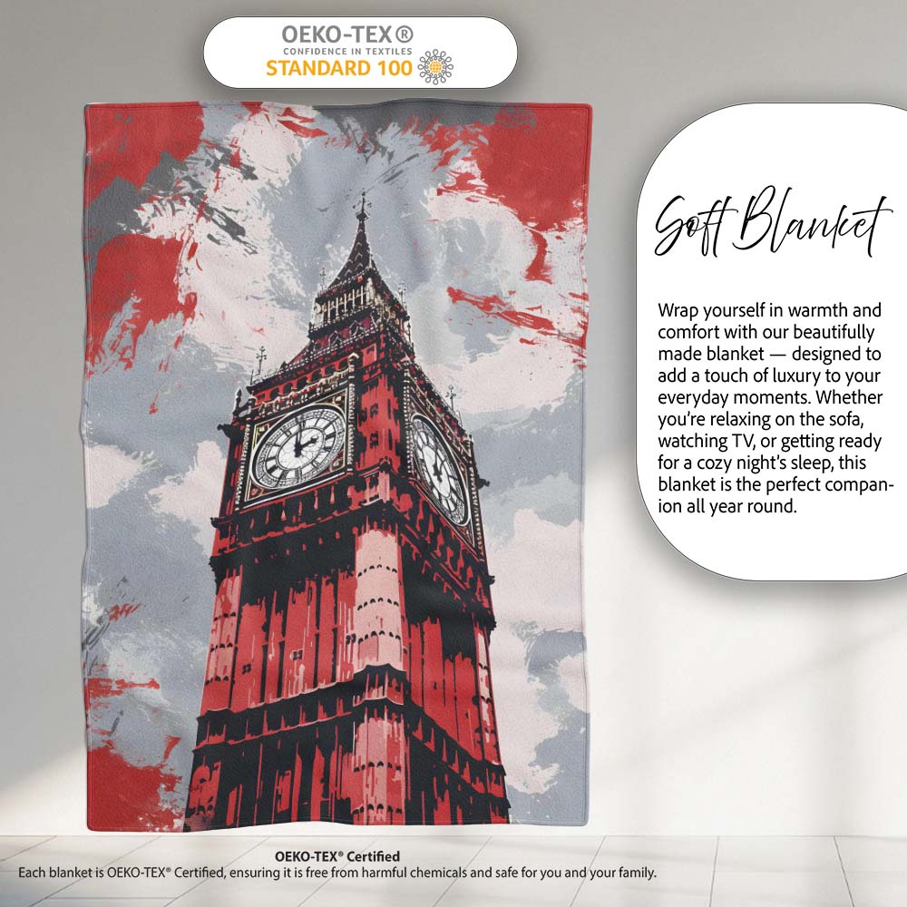 Red Black Clock Tower London Landmark Pop Art, All Season Comfort, Thoughtful Housewarming Gift - Super Soft Fleece Blanket Bed Sofa Throw