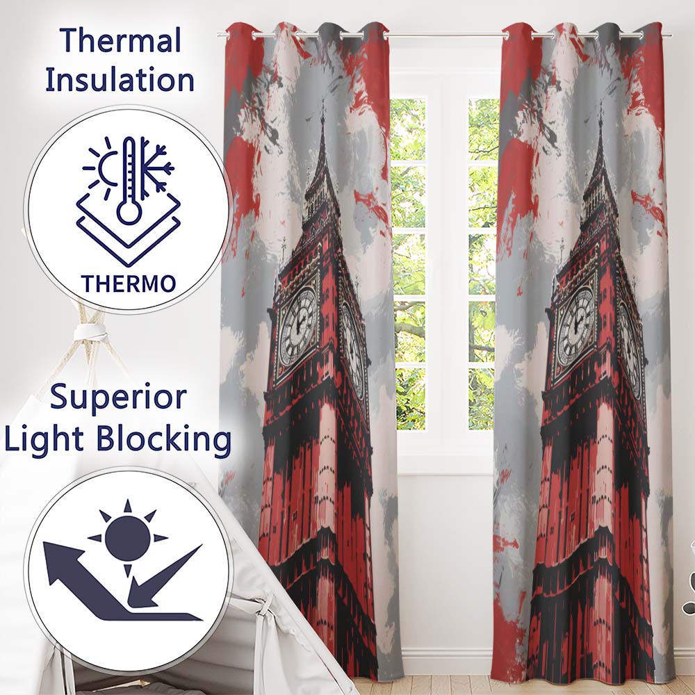 Red Black Clock Tower London Landmark Pop Art Elegant Bold Artwork for Home Decor Readymade Eyelet Ring Top Thermal 100% Blackout Curtains
