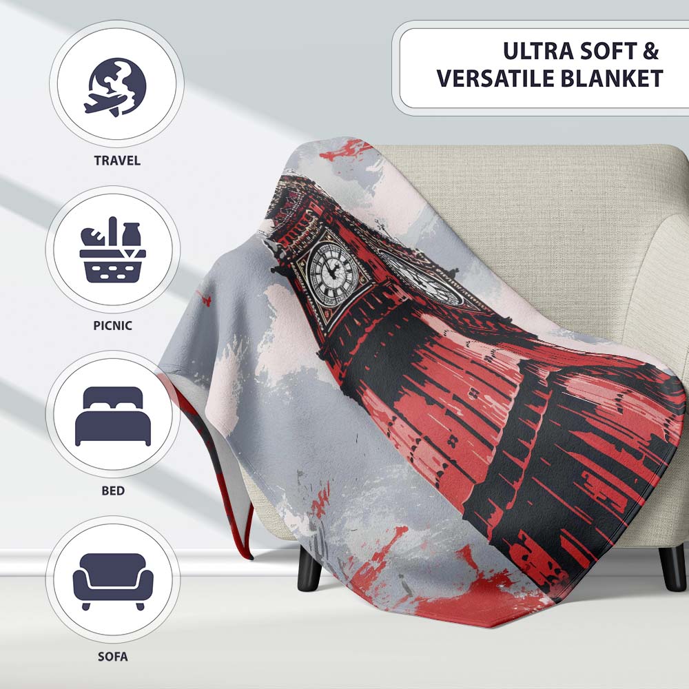 Red Black Clock Tower London Landmark Pop Art, All Season Comfort, Thoughtful Housewarming Gift - Super Soft Fleece Blanket Bed Sofa Throw