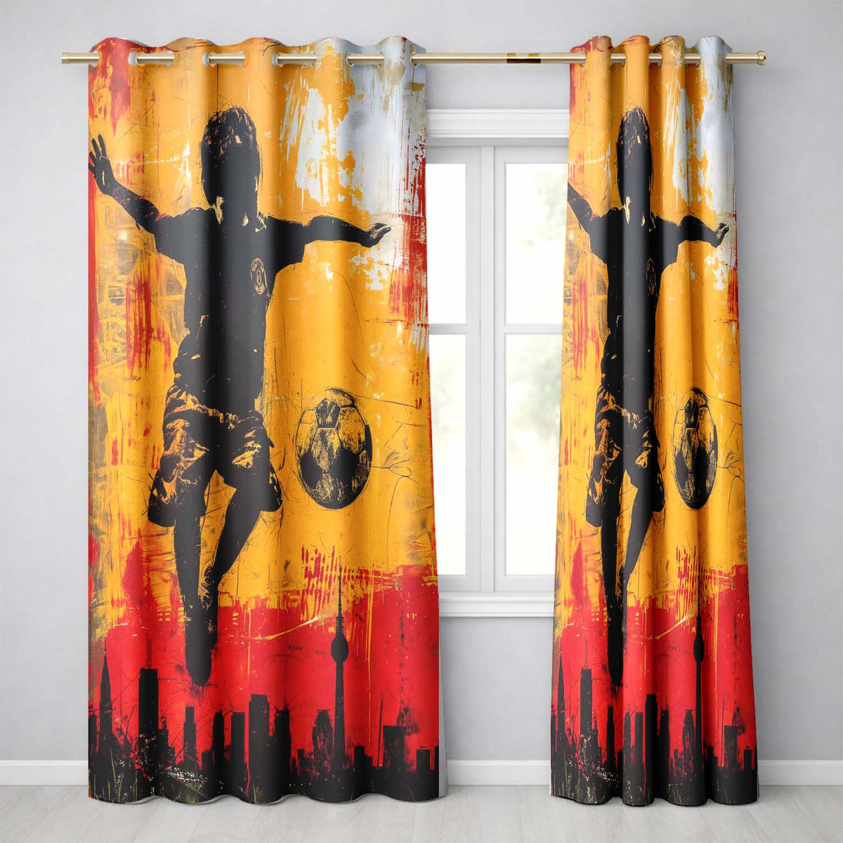 Orange Red Football Player City Skyline Urban Art Distinctive Wall Art Home Decor Readymade Eyelet Ring Top Thermal 100% Blackout Curtains