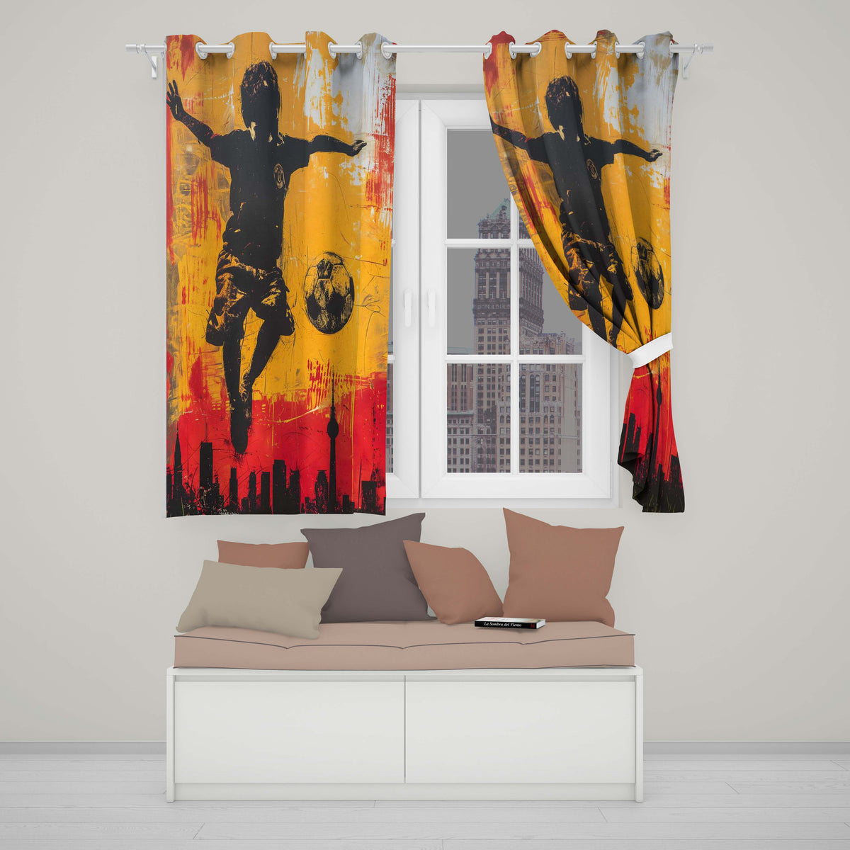 Orange Red Football Player City Skyline Urban Art Distinctive Wall Art Home Decor Readymade Eyelet Ring Top Thermal 100% Blackout Curtains