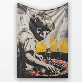 Young Boy Playing Roulette Beige Black Pop Art, Lightweight Warm Gift, Comfortable Everyday Use - Super Soft Fleece Blanket Bed Sofa Throw