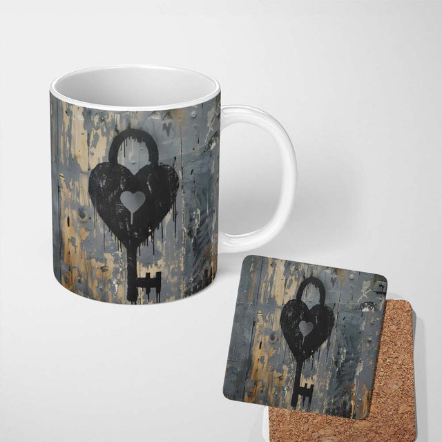 Black Heart Padlock and Key Industrial Graffiti 11oz Ceramic Coffee Tea Mug White Large Handle