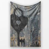 Black Heart Padlock and Key Industrial Graffiti, Bedroom Living Room Accent, All Season Comfort - Super Soft Fleece Blanket Bed Sofa Throw