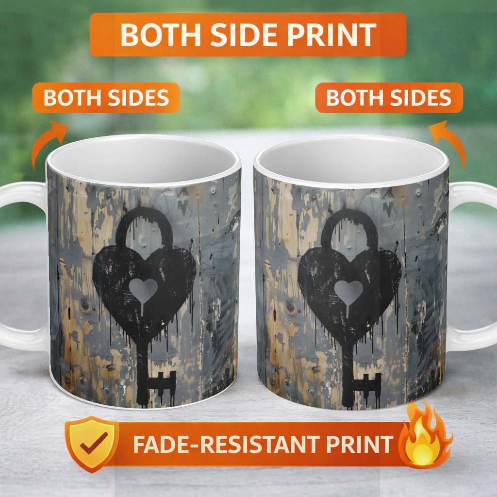 Black Heart Padlock and Key Industrial Graffiti 11oz Ceramic Coffee Tea Mug White Large Handle