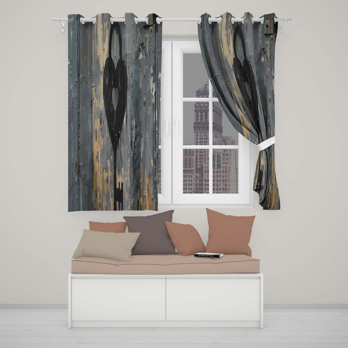 Black Heart Padlock and Key Industrial Graffiti Vibrant Artwork for Bedroom Decor Readymade Eyelet Ring Top Thermal 100% Blackout Curtains