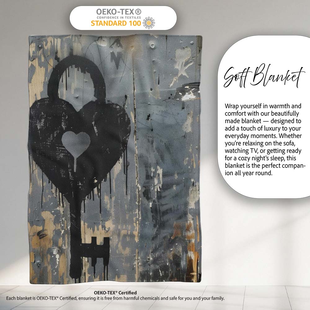 Black Heart Padlock and Key Industrial Graffiti, Bedroom Living Room Accent, All Season Comfort - Super Soft Fleece Blanket Bed Sofa Throw