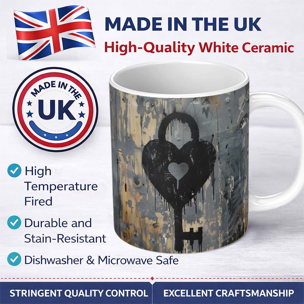 Black Heart Padlock and Key Industrial Graffiti 11oz Ceramic Coffee Tea Mug White Large Handle