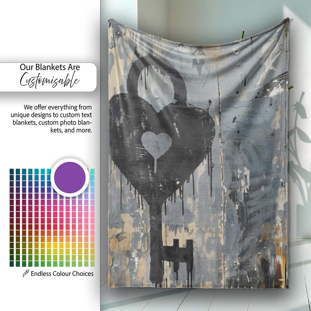 Black Heart Padlock and Key Industrial Graffiti, Bedroom Living Room Accent, All Season Comfort - Super Soft Fleece Blanket Bed Sofa Throw