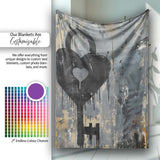 Black Heart Padlock and Key Industrial Graffiti, Bedroom Living Room Accent, All Season Comfort - Super Soft Fleece Blanket Bed Sofa Throw