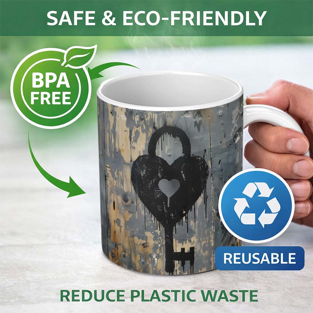Black Heart Padlock and Key Industrial Graffiti 11oz Ceramic Coffee Tea Mug White Large Handle