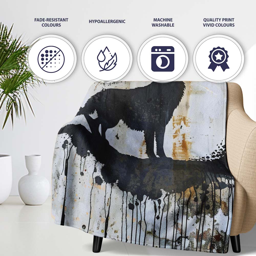 Howling Wolf Crescent Moon Black Stencil Graffiti, All Season Comfort, Comfortable Everyday Use - Super Soft Fleece Blanket Bed Sofa Throw