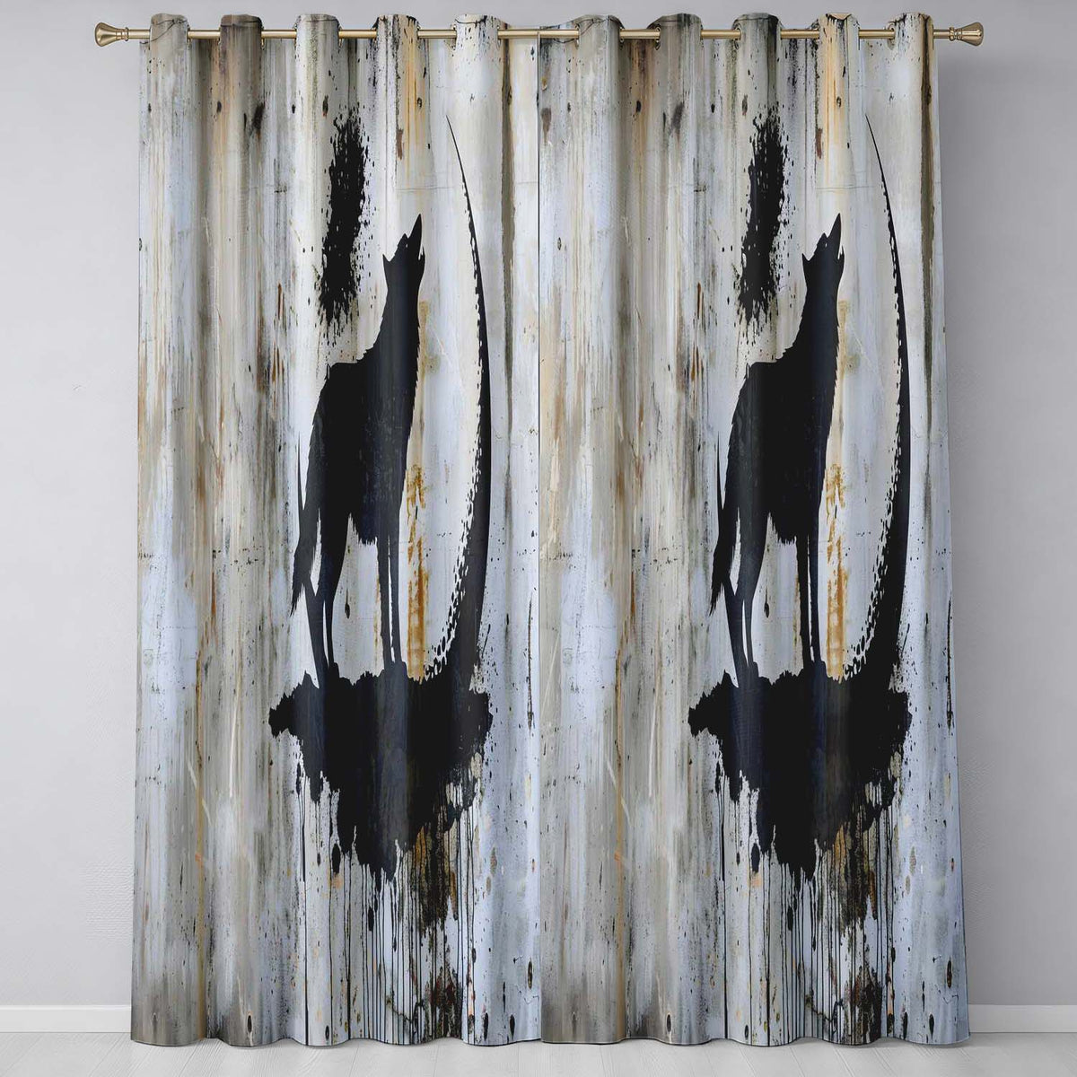 Howling Wolf Crescent Moon Black Stencil Graffiti Distinctive Artistic Home Decor Readymade Eyelet Ring Top Thermal 100% Blackout Curtains