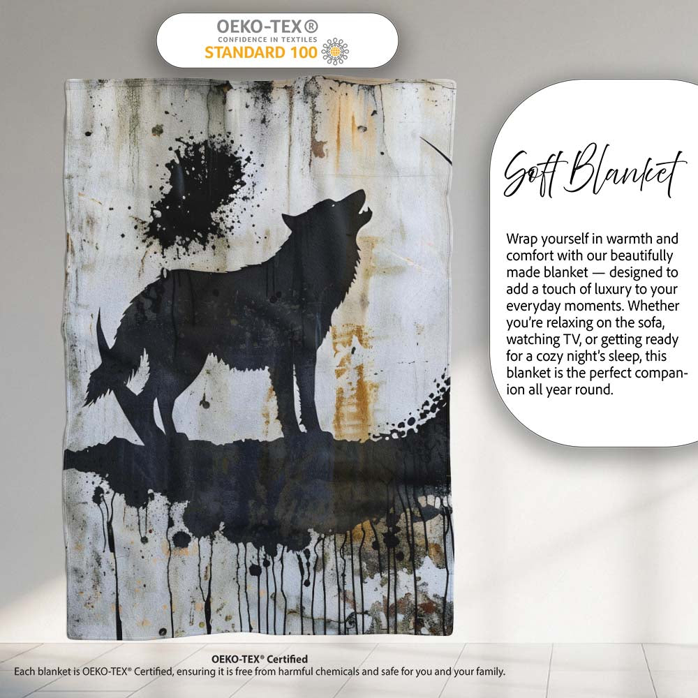 Howling Wolf Crescent Moon Black Stencil Graffiti, All Season Comfort, Comfortable Everyday Use - Super Soft Fleece Blanket Bed Sofa Throw