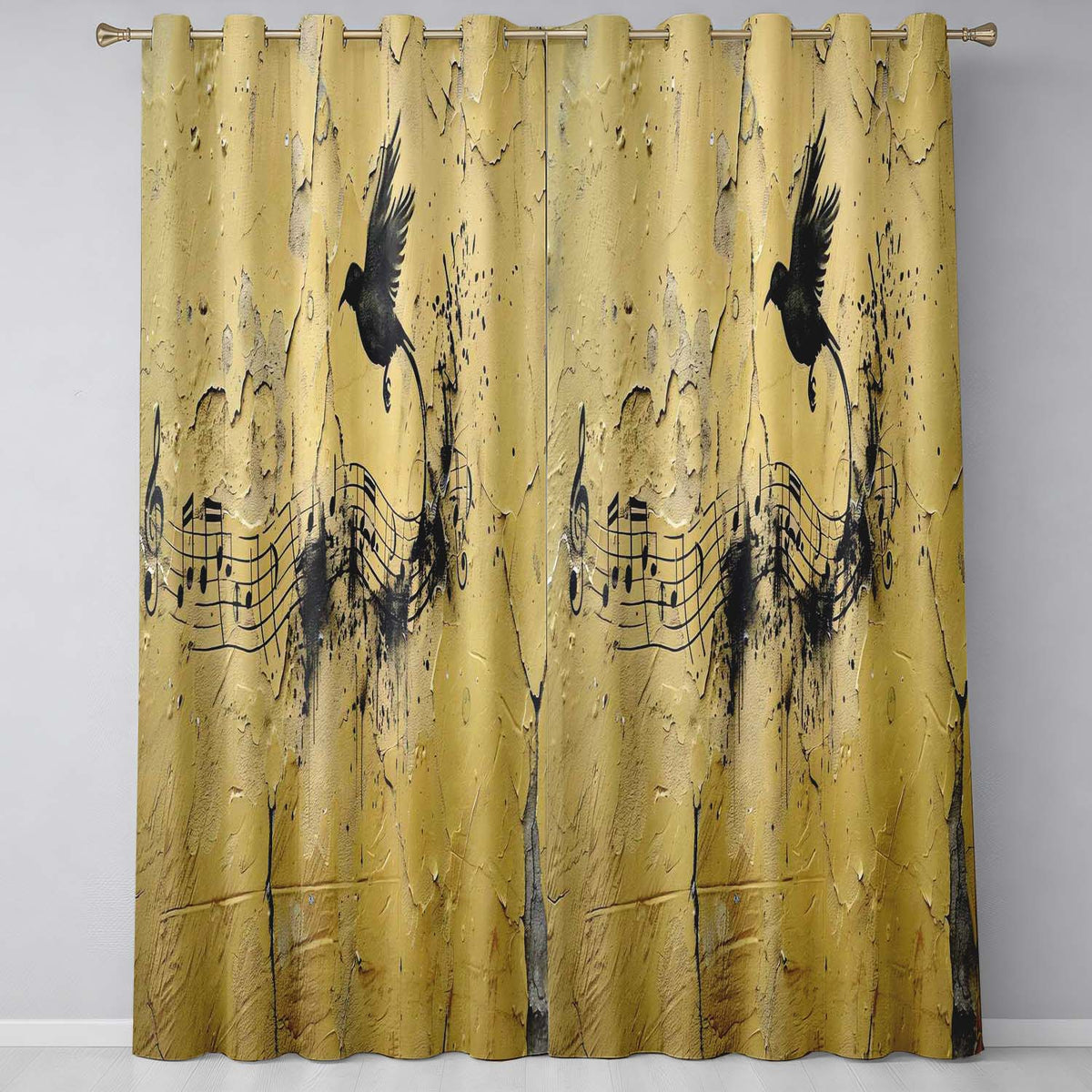 Black Bird Musical Notes Yellow Distressed Wall Art Vibrant Design for Home Decor Readymade Eyelet Ring Top Thermal 100% Blackout Curtains
