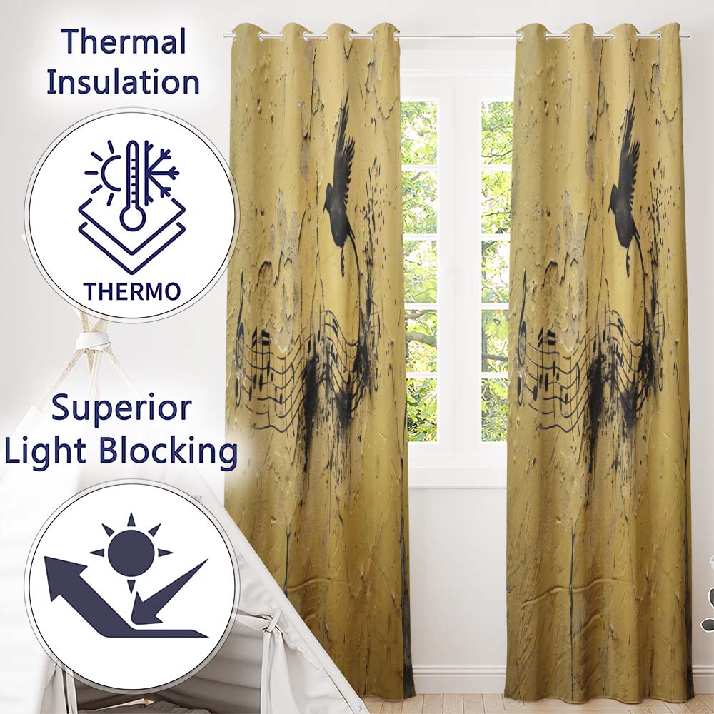 Black Bird Musical Notes Yellow Distressed Wall Art Vibrant Design for Home Decor Readymade Eyelet Ring Top Thermal 100% Blackout Curtains