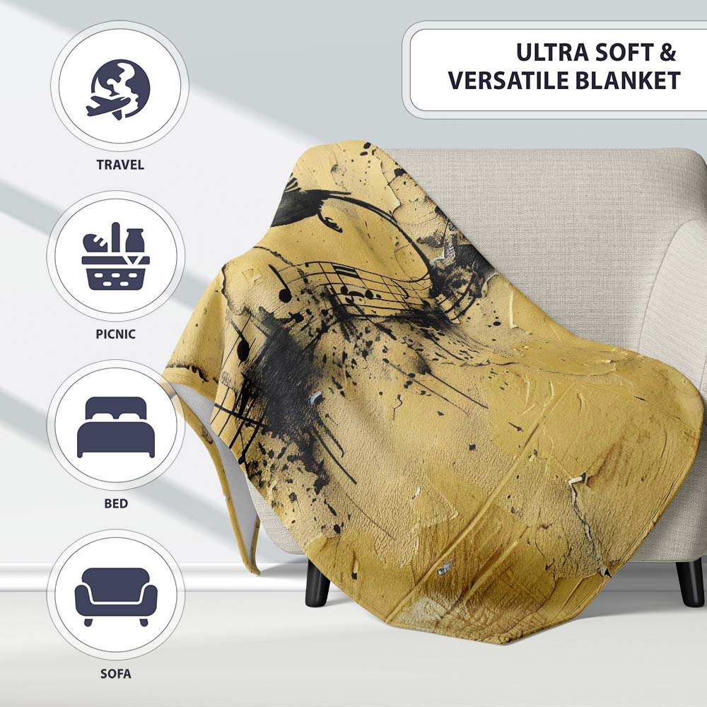 Black Bird Musical Notes Yellow Distressed Wall Art, All Season Comfort, Modern Interior Accent - Super Soft Fleece Blanket Bed Sofa Throw