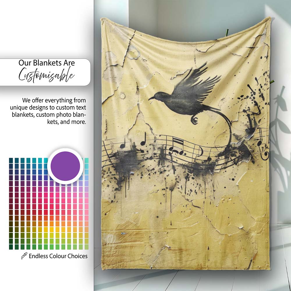 Black Bird Musical Notes Yellow Distressed Wall Art, All Season Comfort, Modern Interior Accent - Super Soft Fleece Blanket Bed Sofa Throw