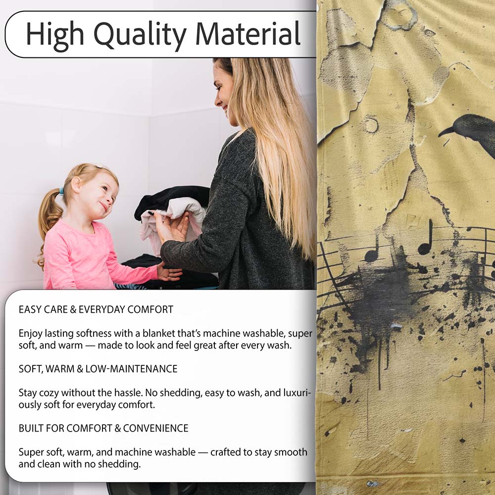 Black Bird Musical Notes Yellow Distressed Wall Art, All Season Comfort, Modern Interior Accent - Super Soft Fleece Blanket Bed Sofa Throw
