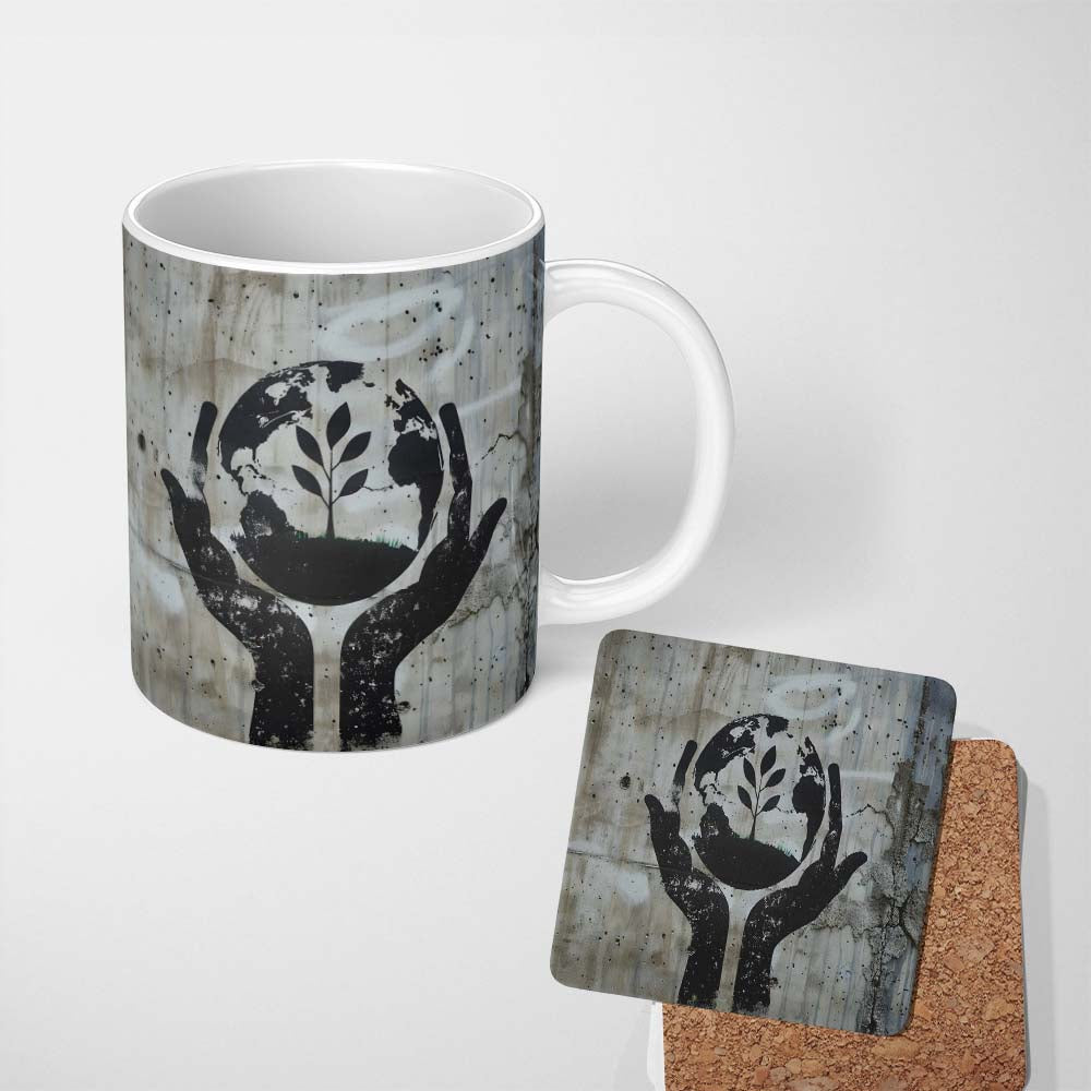Hands Holding Earth Growing Plant Eco Stencil Art 11oz Ceramic Coffee Tea Mug White Large Handle