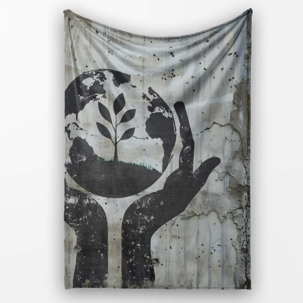 Hands Holding Earth Growing Plant Eco Stencil Art, All Season Comfort, Comfortable Everyday Use - Super Soft Fleece Blanket Bed Sofa Throw